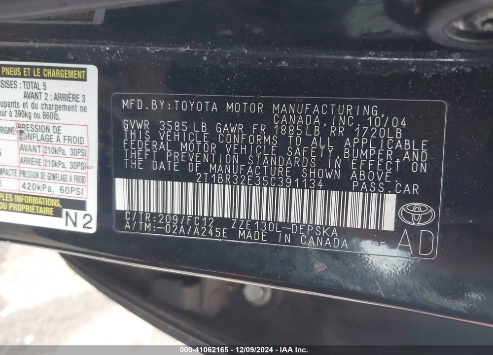2005 TOYOTA COROLLA S VIN: 2T1BR32E35C391134