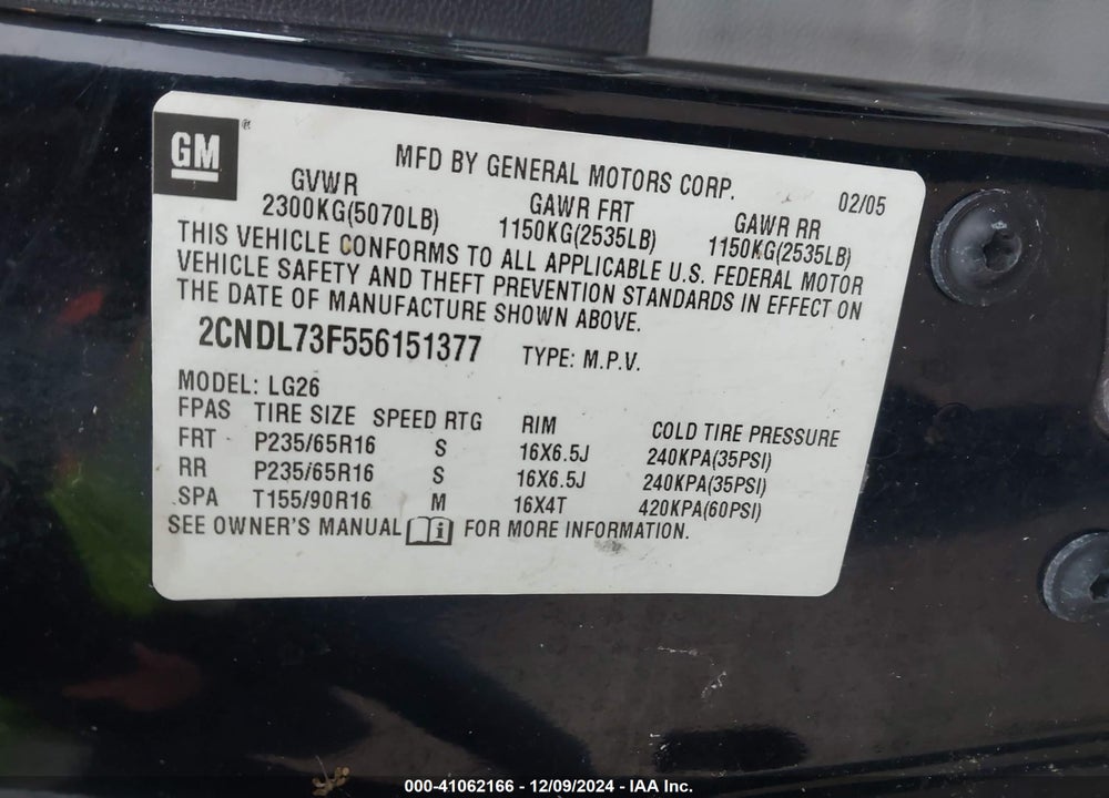 2005 CHEVROLET EQUINOX LT VIN: 2CNDL73F556151377