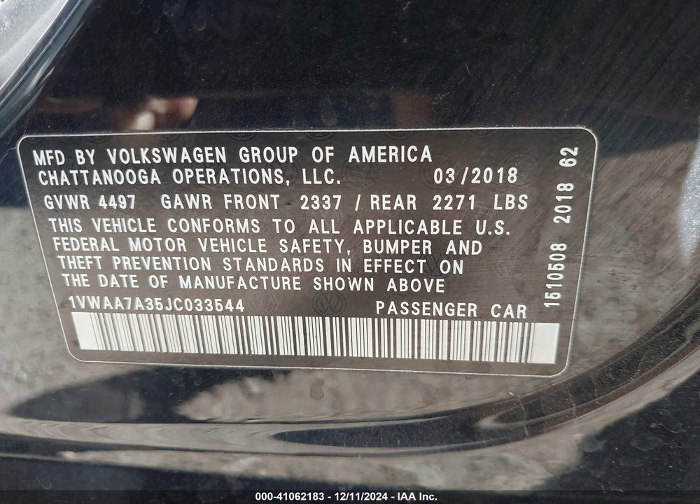 2018 VOLKSWAGEN PASSAT VIN: 1VWAA7A35JC033544