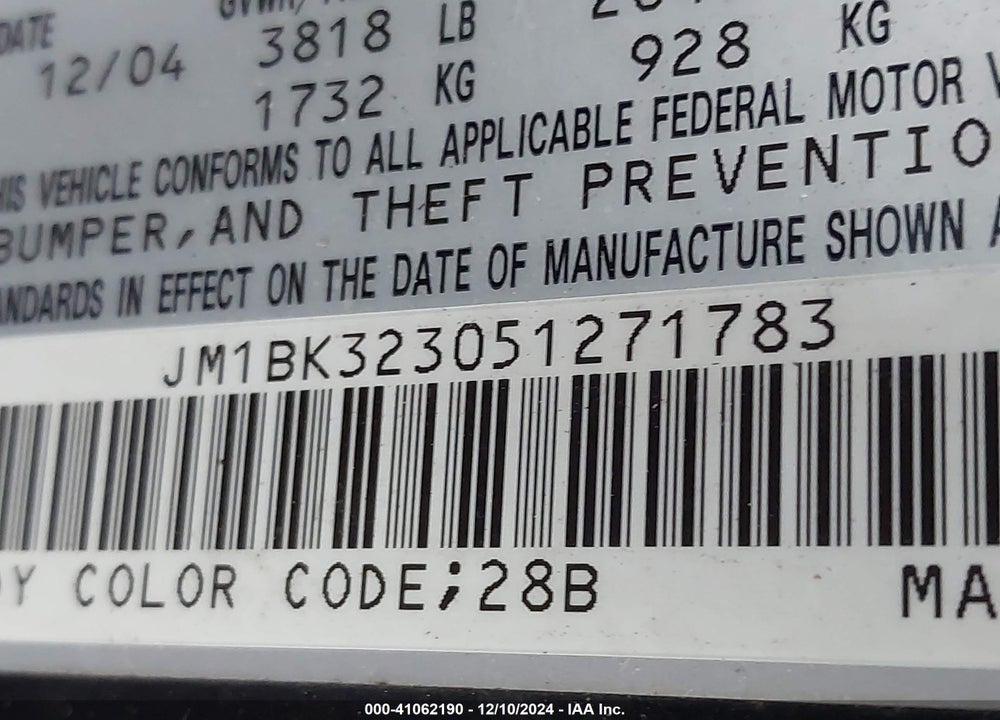 2005 MAZDA 3 SP23 VIN: JM1BK323051271783