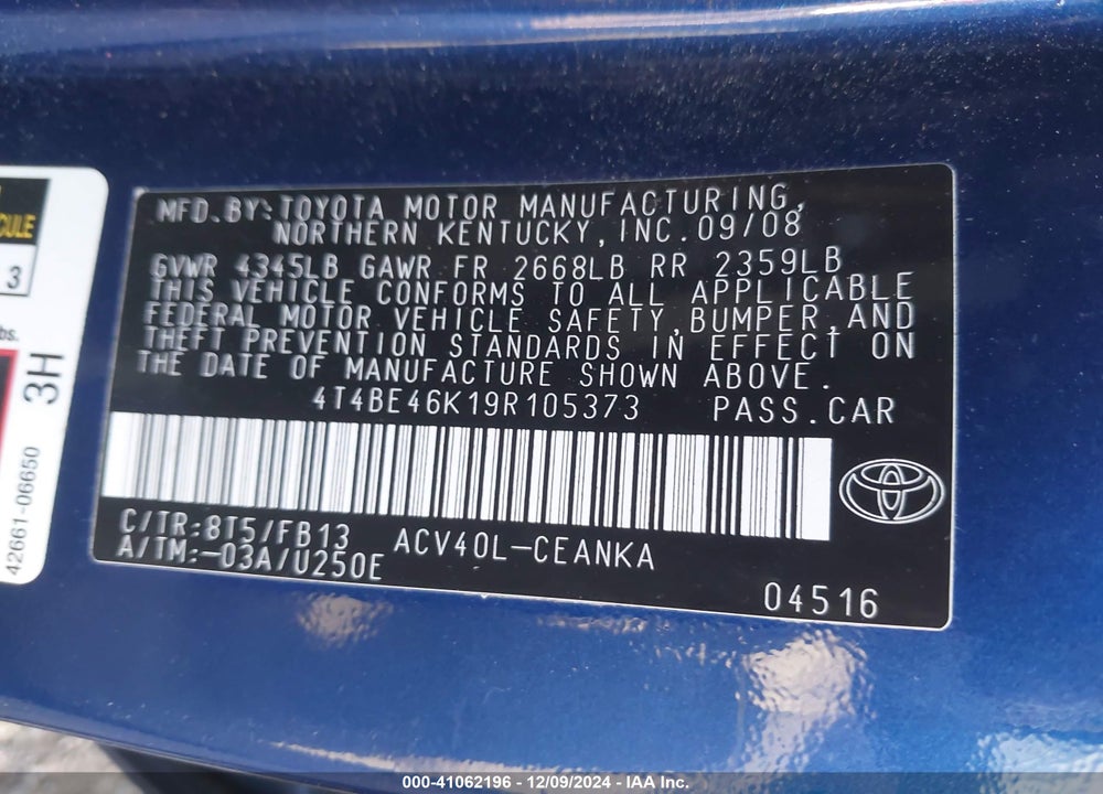 2009 TOYOTA CAMRY LE VIN: 4T4BE46K19R105373
