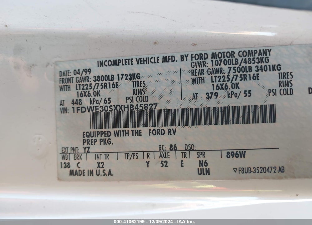 1999 FORD ECONOLINE E350 SUPER DUTY CTWY V RV VIN: 1FDWE30SXXHB45827