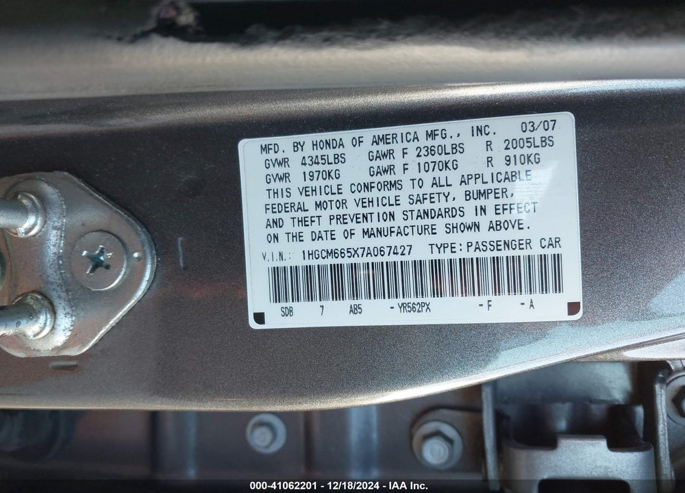 2007 HONDA ACCORD 3.0 EX VIN: 1HGCM665X7A067427