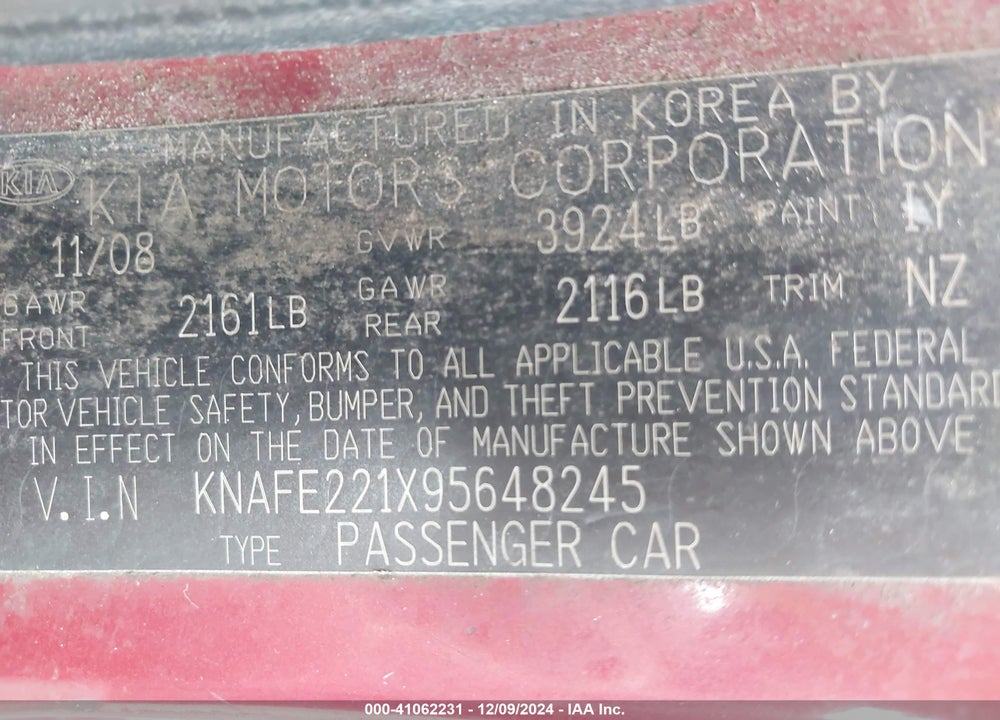 2009 KIA SPECTRA EX VIN: KNAFE221X95648245
