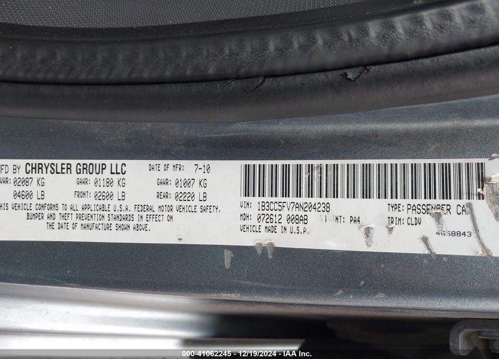 2010 DODGE AVENGER R/T VIN: 1B3CC5FV7AN204238