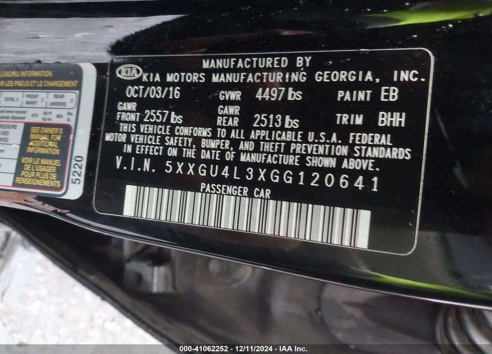 2016 KIA OPTIMA EX VIN: 5XXGU4L3XGG120641