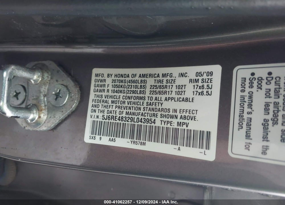 2009 HONDA CR-V LX VIN: 5J6RE48329L043954