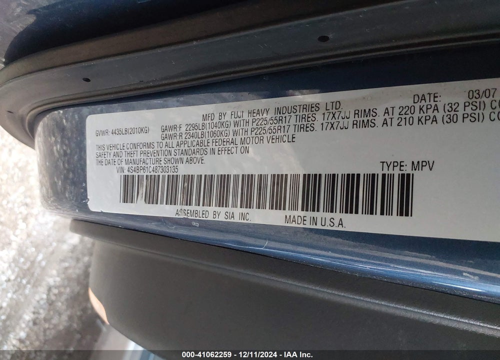 2008 SUBARU OUTBACK 2.5I/2.5I L.L. BEAN EDITION VIN: 4S4BP61C487303135