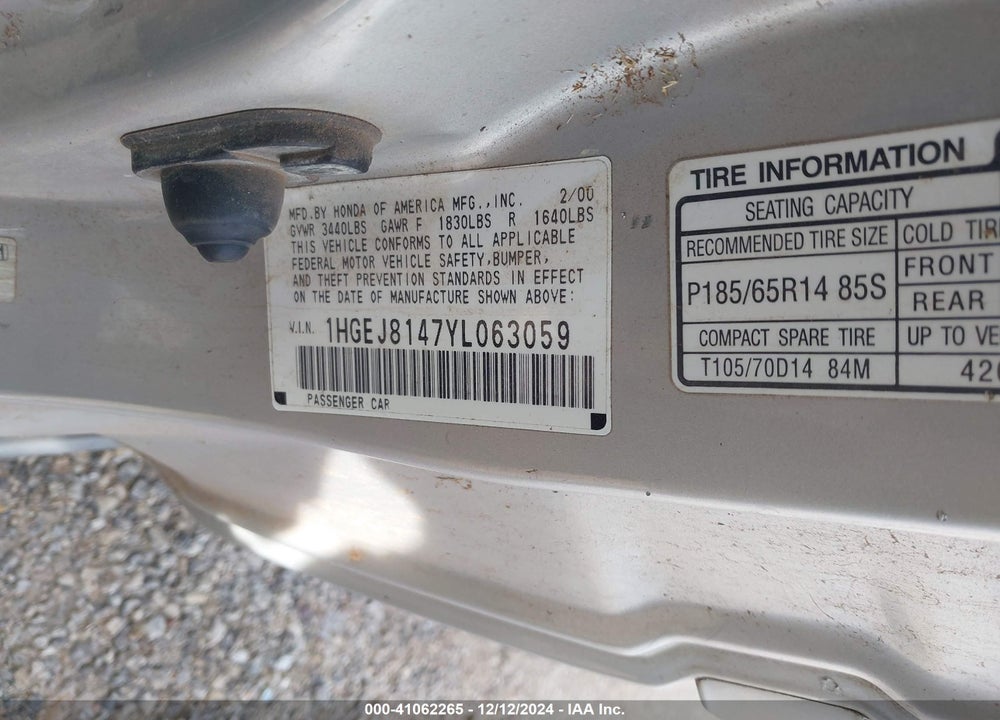 2000 HONDA CIVIC EX VIN: 1HGEJ8147YL063059