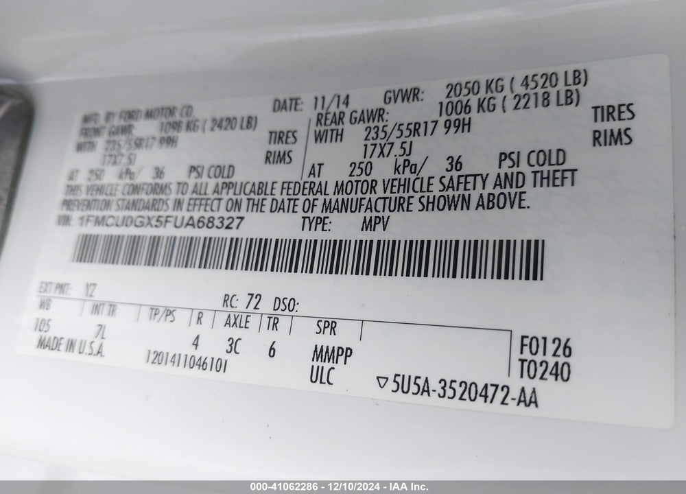 2015 FORD ESCAPE SE VIN: 1FMCU0GX5FUA68327