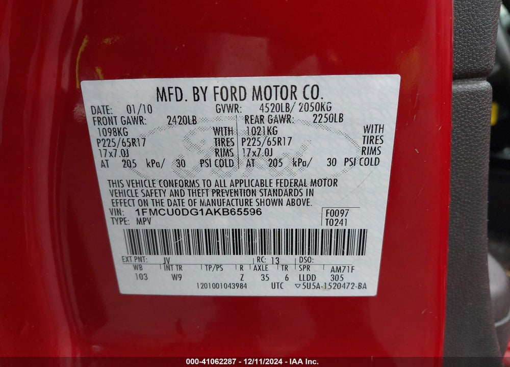 2010 FORD ESCAPE XLT VIN: 1FMCU0DG1AKB65596