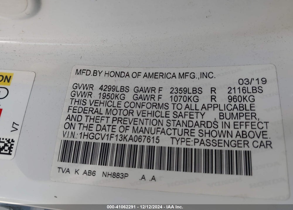 2019 HONDA ACCORD LX VIN: 1HGCV1F13KA067615