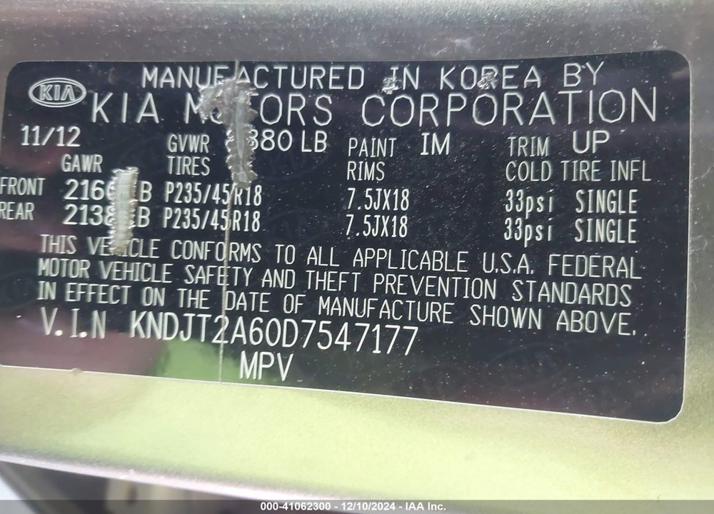 2013 KIA SOUL VIN: KNDJT2A60D7547177