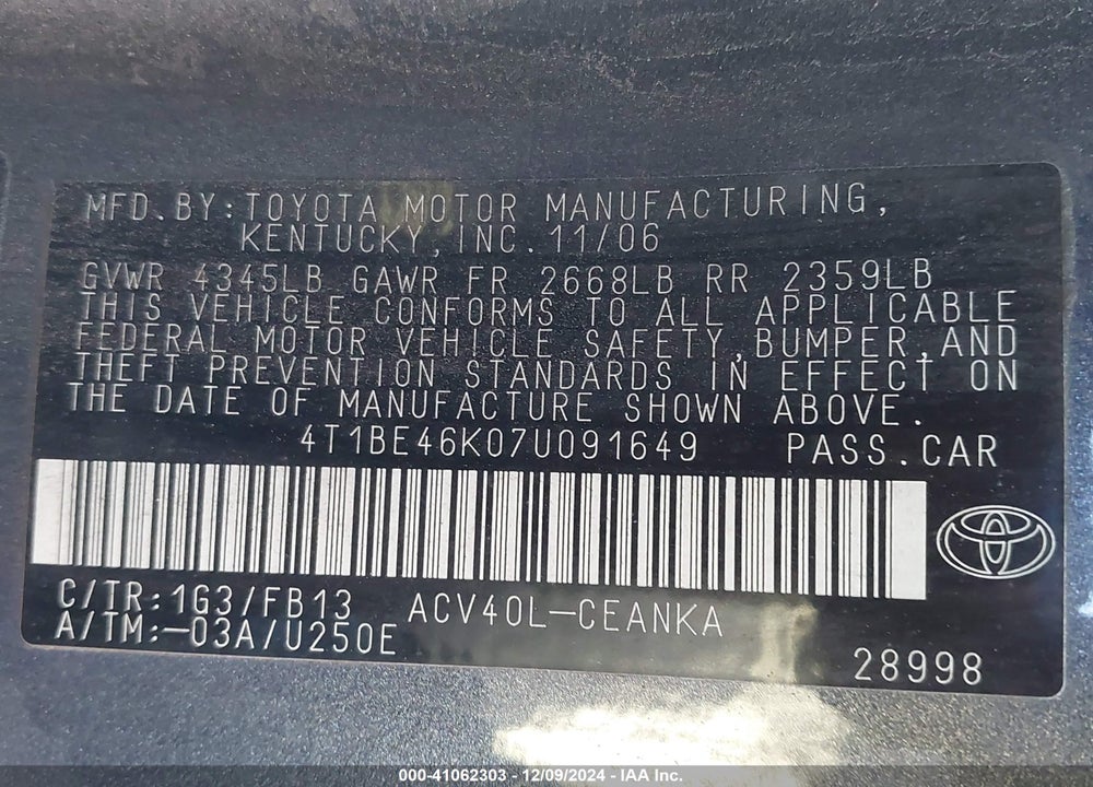 2007 TOYOTA CAMRY LE VIN: 4T1BE46K07U091649