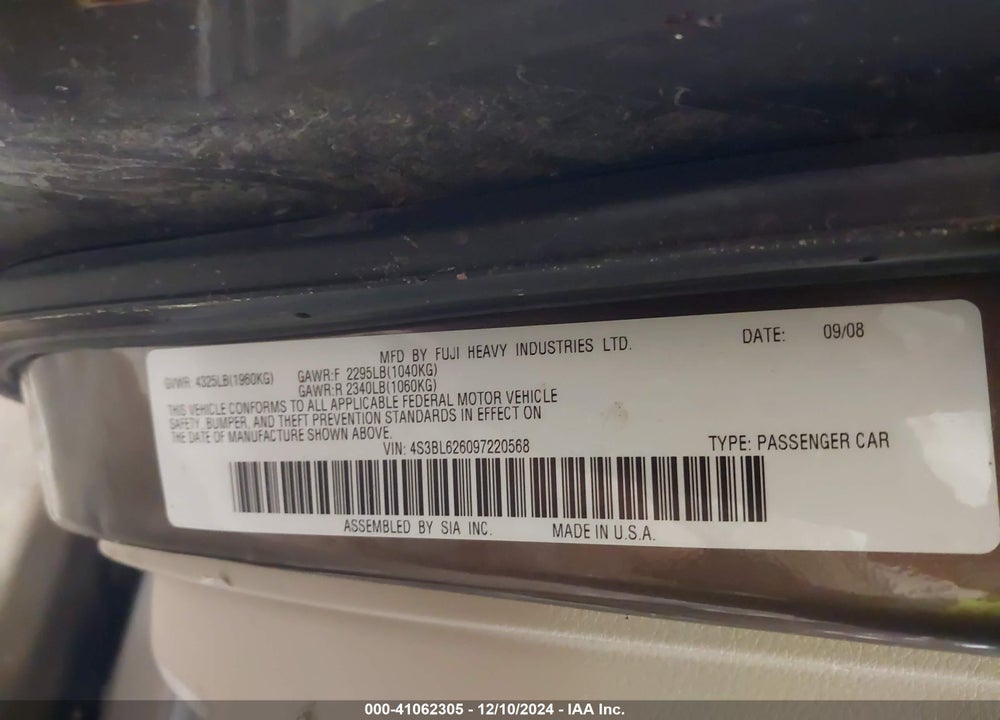 2009 SUBARU LEGACY 2.5I LIMITED VIN: 4S3BL626097220568