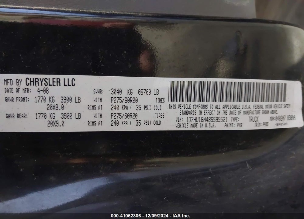 2008 DODGE RAM 1500 SLT VIN: 1D7HU18N48S595521