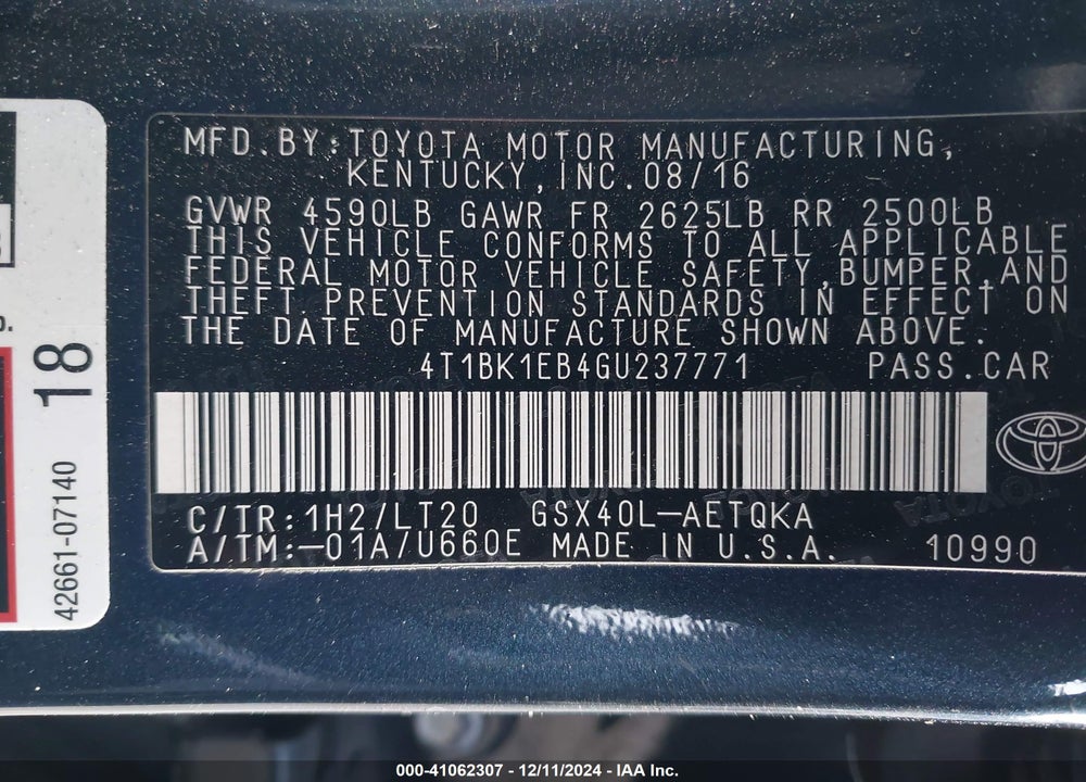 2016 TOYOTA AVALON TOURING VIN: 4T1BK1EB4GU237771
