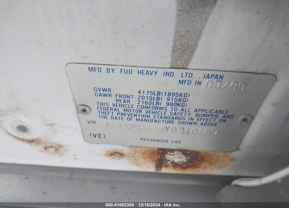 2000 SUBARU FORESTER S VIN: JF1SF6558YG710867