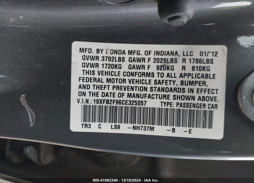 2012 HONDA CIVIC EX-L VIN: 19XFB2F96CE325057