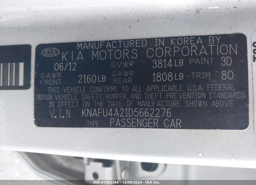 2013 KIA FORTE EX VIN: KNAFU4A21D5662276