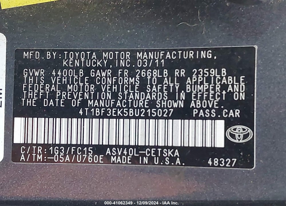 2011 TOYOTA CAMRY SE VIN: 4T1BF3EK5BU215027