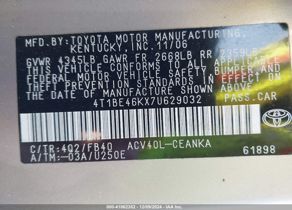 2007 TOYOTA CAMRY LE VIN: 4T1BE46KX7U629032