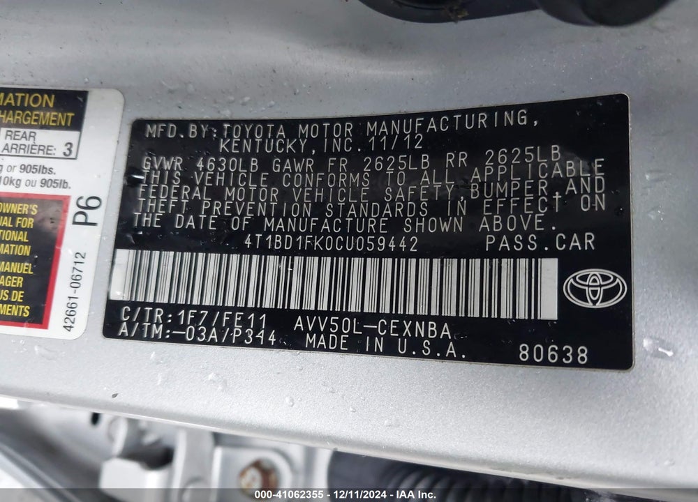 2012 TOYOTA CAMRY HYBRID LE VIN: 4T1BD1FK0CU059442