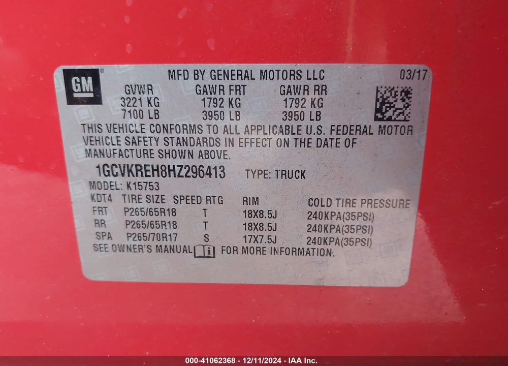 2017 CHEVROLET SILVERADO 1500 1LT VIN: 1GCVKREH8HZ296413