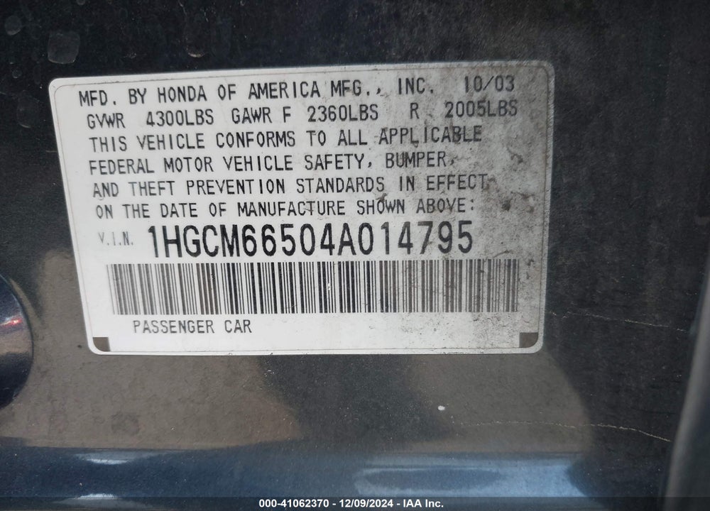 2004 HONDA ACCORD 3.0 EX VIN: 1HGCM66504A014795