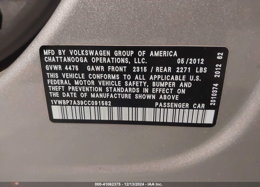 2012 VOLKSWAGEN PASSAT 2.5L SE VIN: 1VWBP7A39CC091582