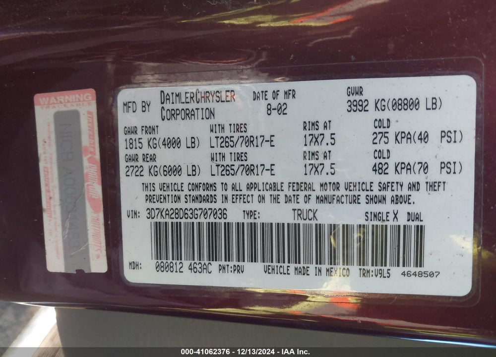 2003 DODGE RAM 2500 VIN: 3D7KA28D63G707036