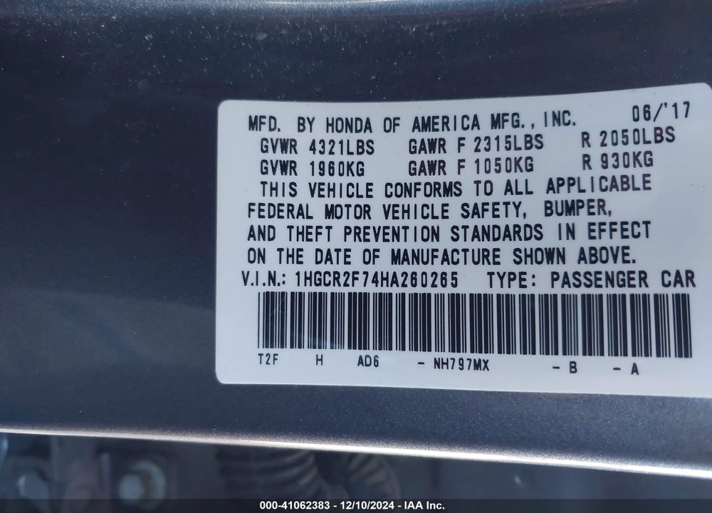 2017 HONDA ACCORD EX VIN: 1HGCR2F74HA260265