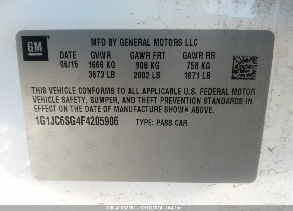 2015 CHEVROLET SONIC VIN: 1G1JC6SG4F4205906