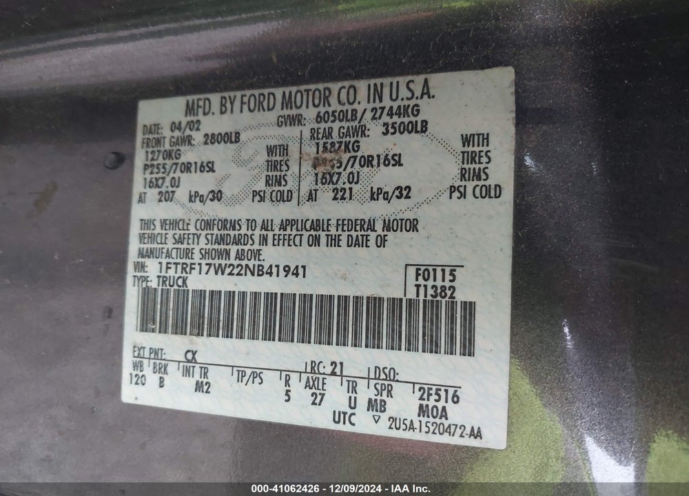 2002 FORD F-150 XL/XLT VIN: 1FTRF17W22NB41941