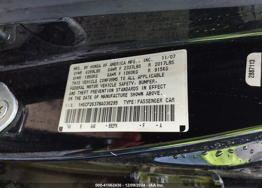 2008 HONDA ACCORD 2.4 LX VIN: 1HGCP26378A036295