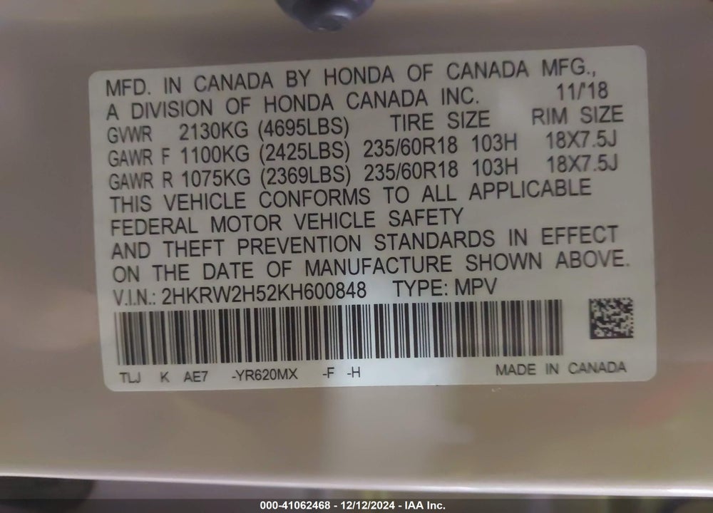 2019 HONDA CR-V VIN: 2HKRW2H52KH600848