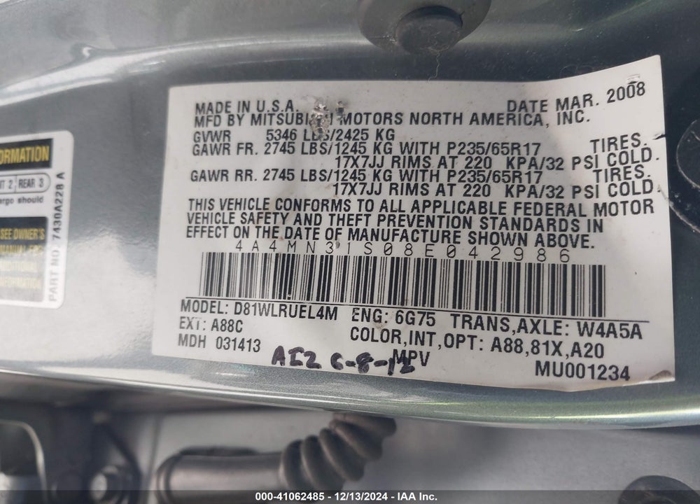 2008 MITSUBISHI ENDEAVOR SE VIN: 4A4MN31S08E042986