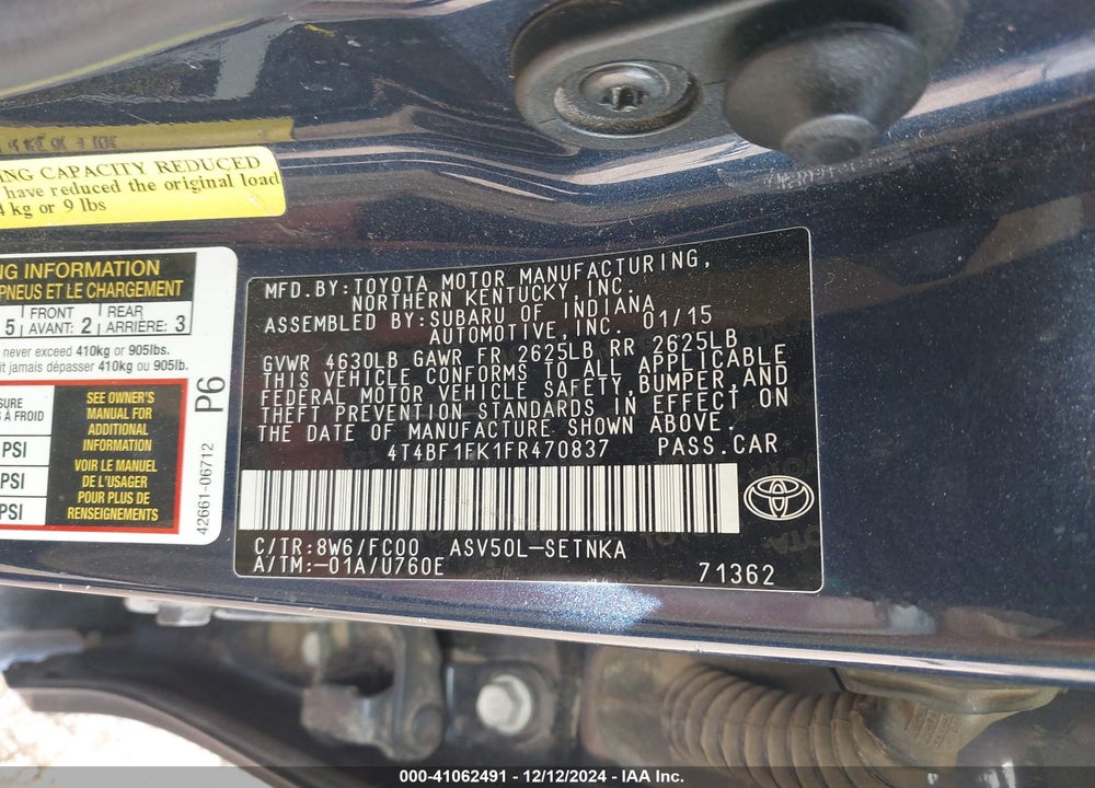 2015 TOYOTA CAMRY LE VIN: 4T4BF1FK1FR470837