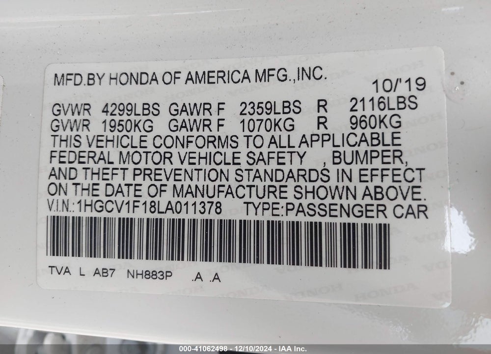 2020 HONDA ACCORD LX VIN: 1HGCV1F18LA011378