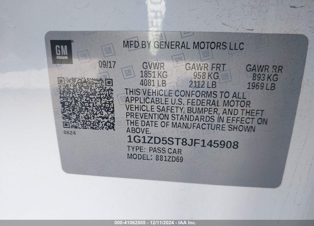 2018 CHEVROLET MALIBU LT VIN: 1G1ZD5ST8JF145908