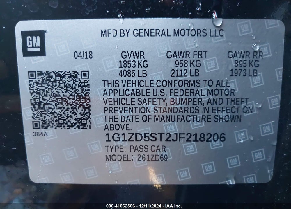 2018 CHEVROLET MALIBU VIN: 1G1ZD5ST2JF218206