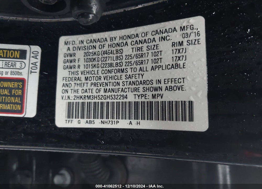 2016 HONDA CR-V EX VIN: 2HKRM3H52GH532294