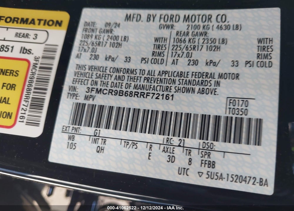 2024 FORD BRONCO SPORT BIG BEND VIN: 3FMCR9B68RRF72161