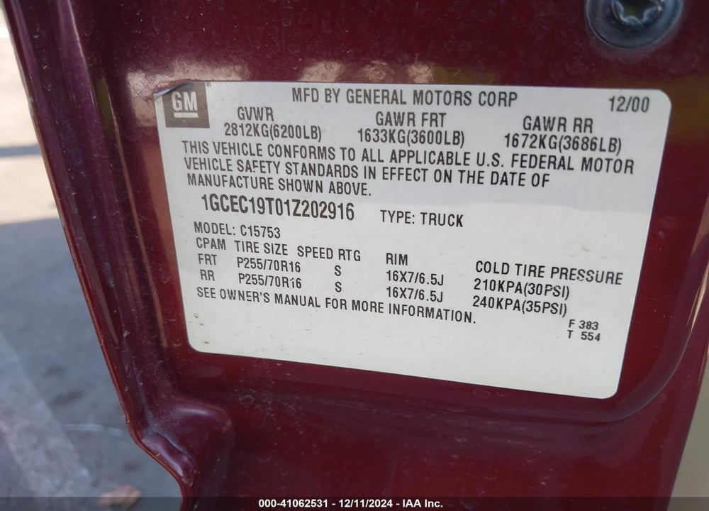 2001 CHEVROLET SILVERADO 1500 LS VIN: 1GCEC19T01Z202916