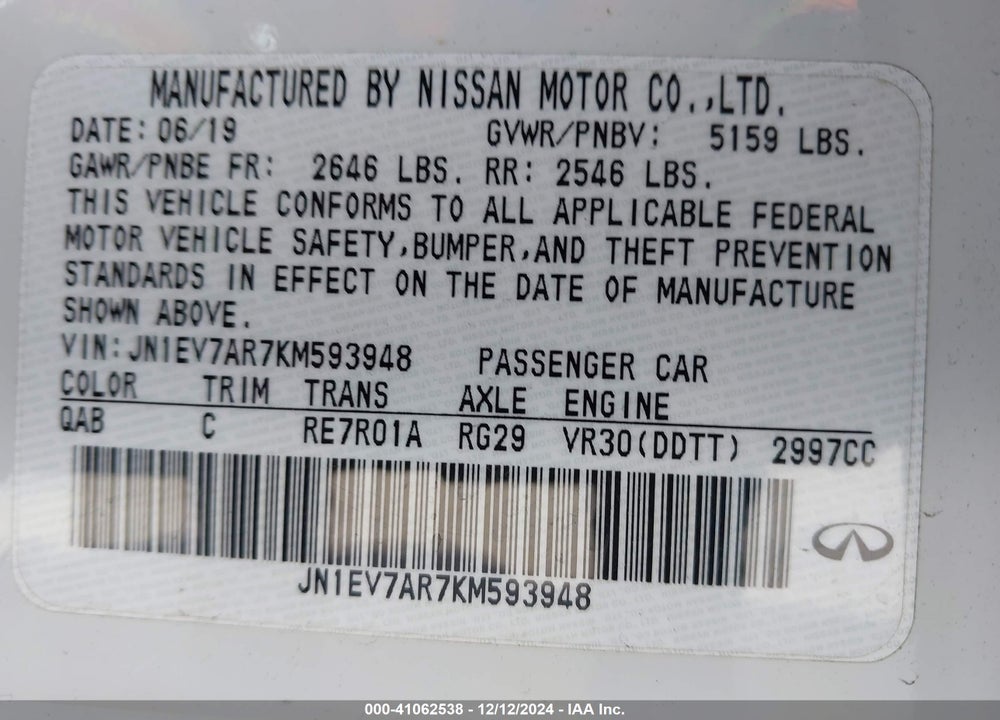 2019 INFINITI Q50 3.0T LUXE VIN: JN1EV7AR7KM593948