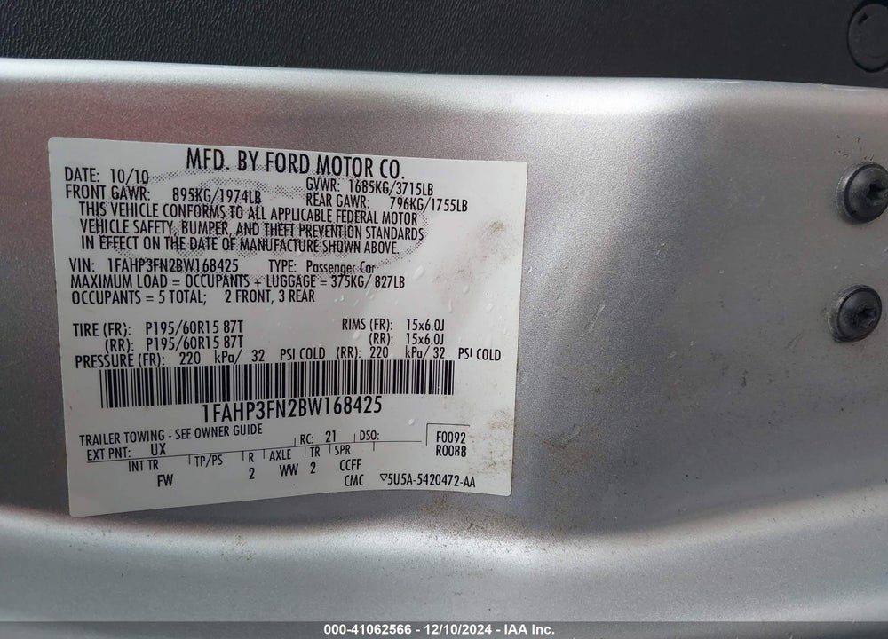 2011 FORD FOCUS SE VIN: 1FAHP3FN2BW168425