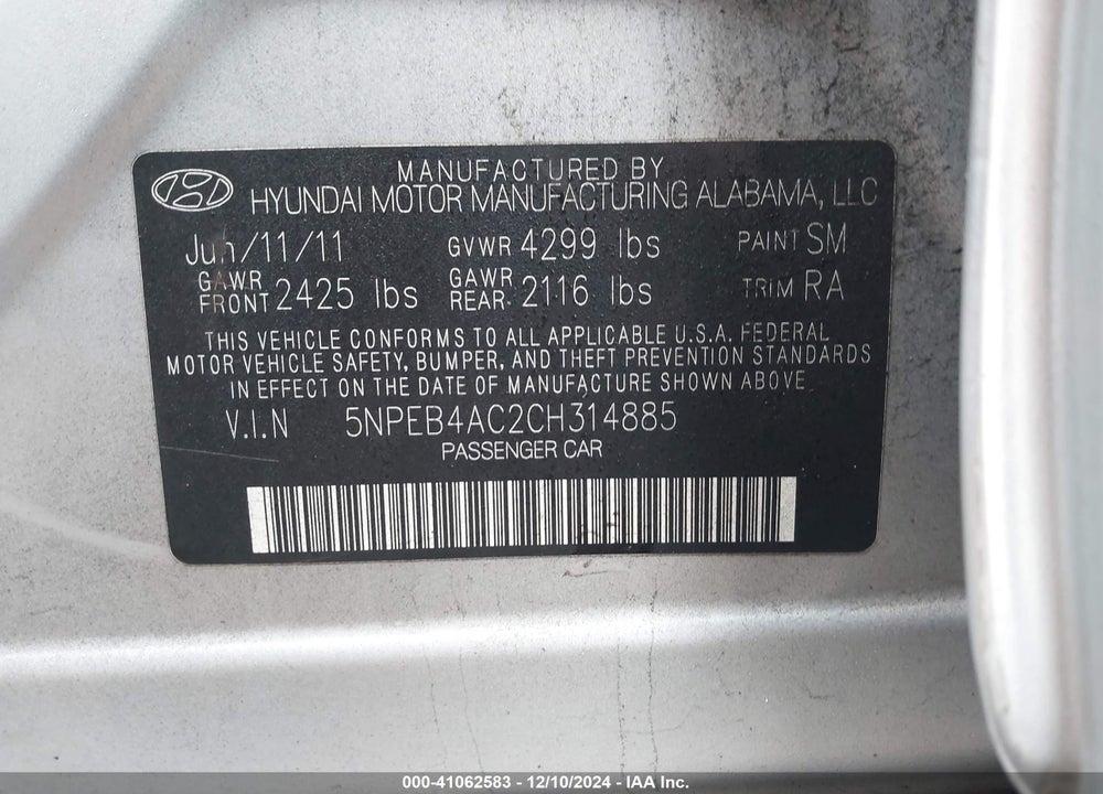 2012 HYUNDAI SONATA GLS VIN: 5NPEB4AC2CH314885