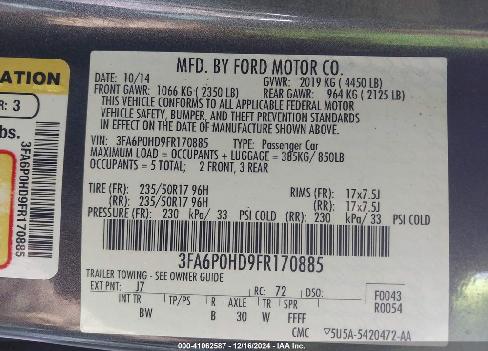 2015 FORD FUSION SE VIN: 3FA6P0HD9FR170885