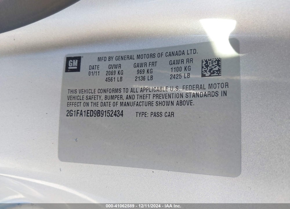 2011 CHEVROLET CAMARO 2LS VIN: 2G1FA1ED9B9152434