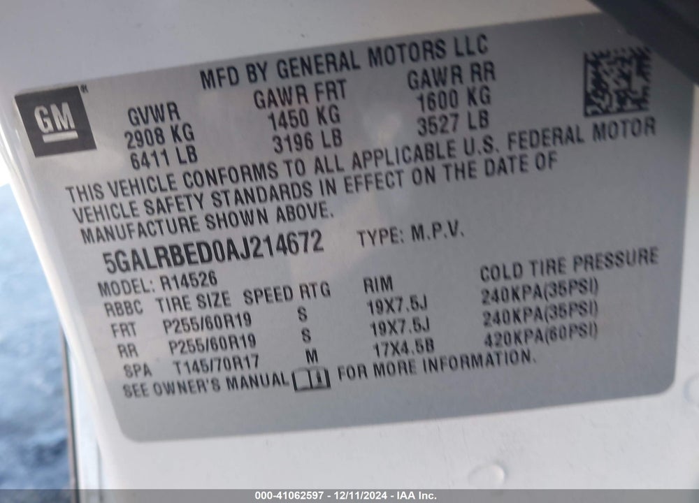 2010 BUICK ENCLAVE 1XL VIN: 5GALRBED0AJ214672